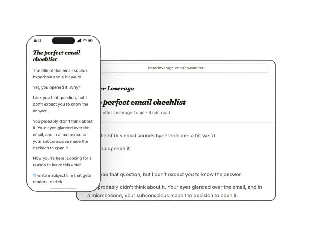 Newsletter preview — iPhone and iPad showing a Letter Leverage email